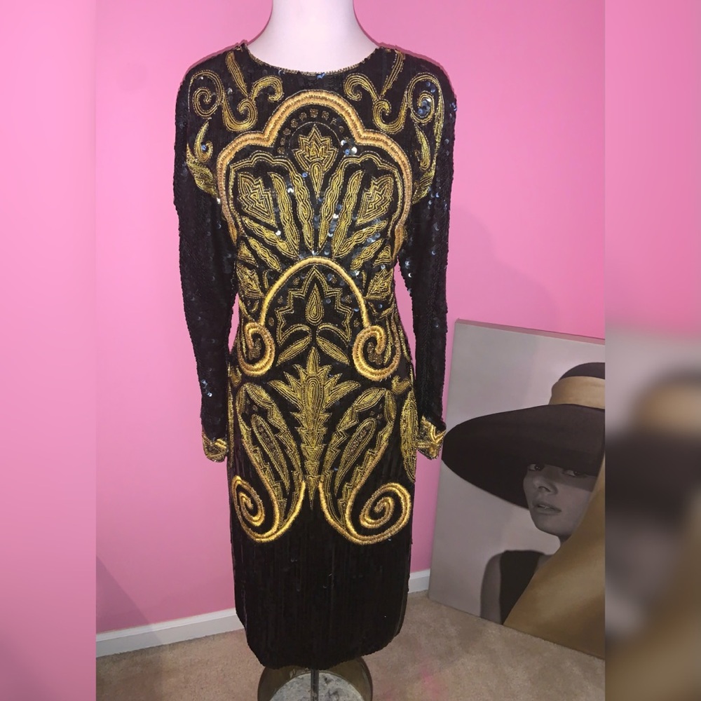 SOLD- Vintage 1980s Black & Gold Sequin Dress